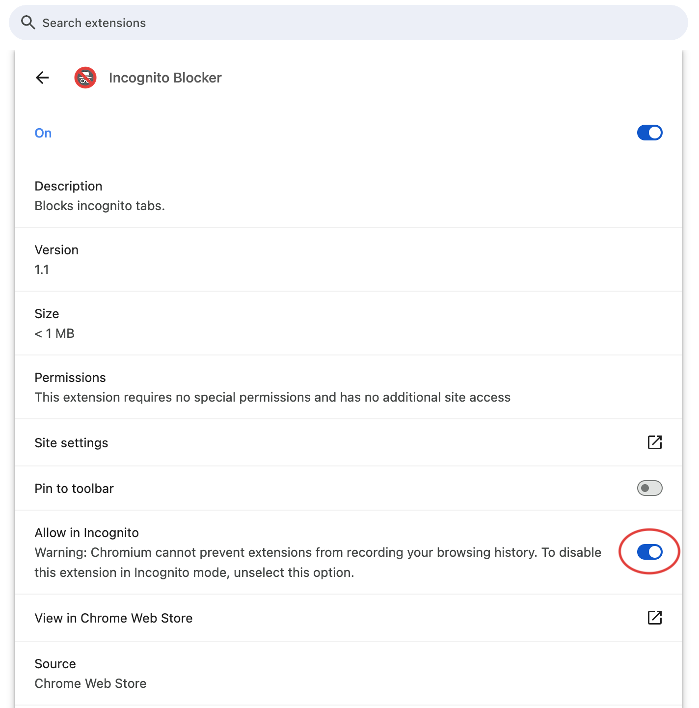 The extension details page in Chrome, with the Allow in Incognito toggle highlighted
